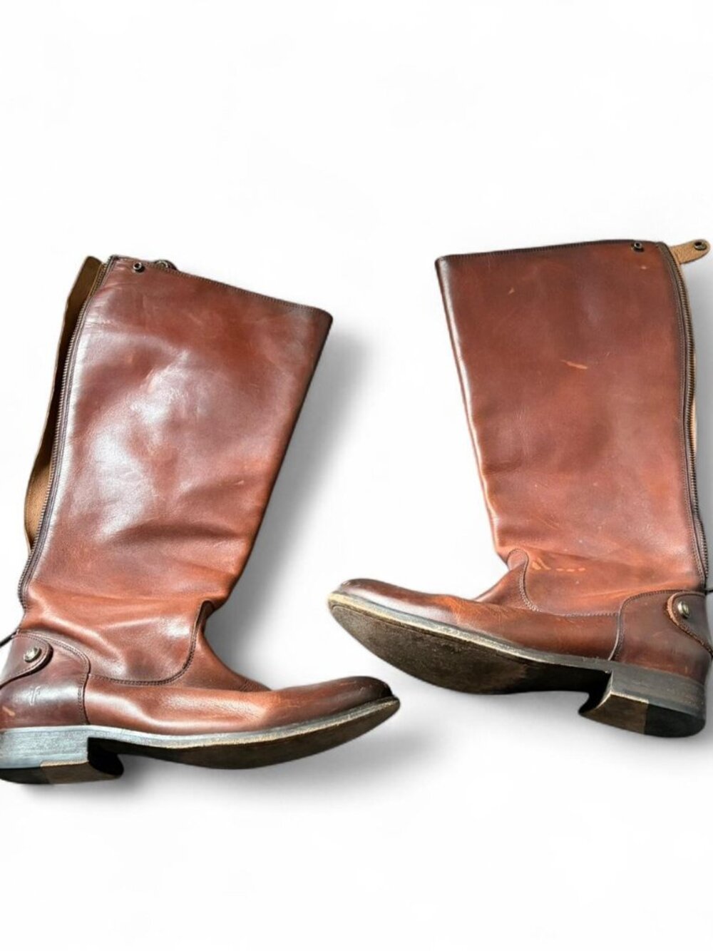 Brown leather Frye Melissa Back-Zip Riding Boots featuring a tall shaft size 8